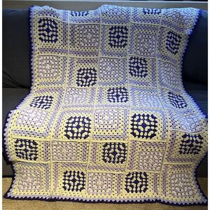 Vtg Purple White Crochet Handmade Afghan Throw Blanket Granny Square Style 48x64